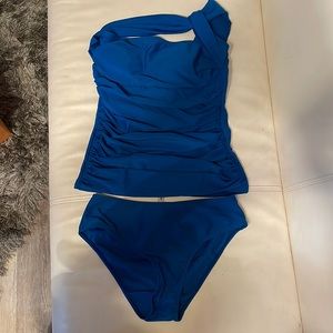 Blue One Shoulder Ruched Two Piece Tankini Swimsuit Set